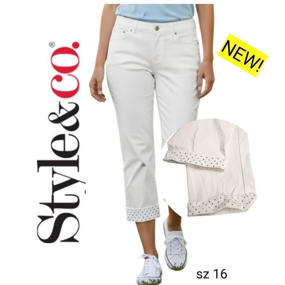 New! White Silver Studded Stretch Denim Bermuda Shorts Style & Co.